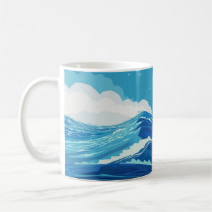 Taza De Café En el océano. Las grandes olas del mar y el azul
