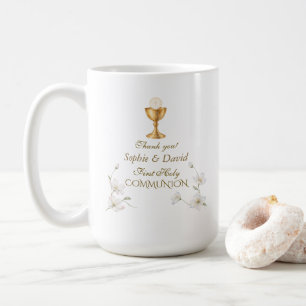 Taza De Café Encantadora Comunión Azul Floral Gemela Primera Co