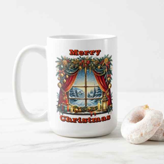 Taza De Café Encanto de ventana de Navidades Snowy (Con donut)