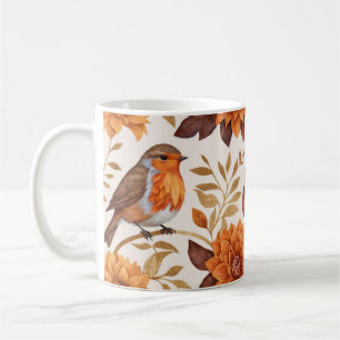 Taza De Café Encanto otoñal con robins y elegancia floral