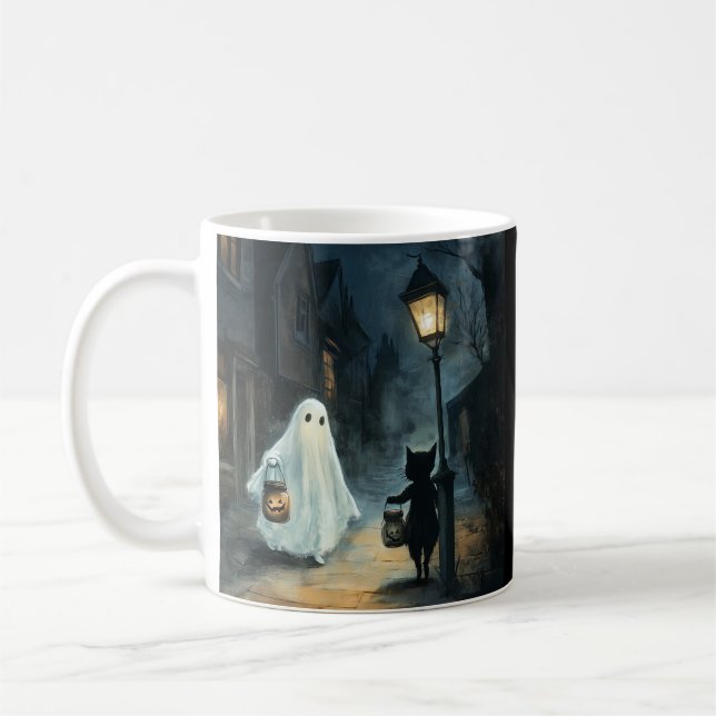 Taza De Café Encuentro de Fantasma y Gato de Halloween (Izquierda)