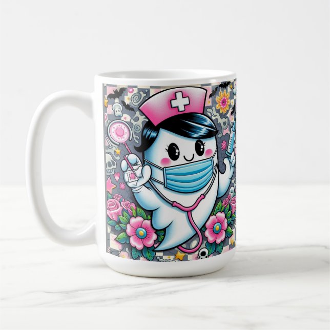 Taza De Café Enfermera fantasma de Halloween con máscara y jeri (Izquierda)