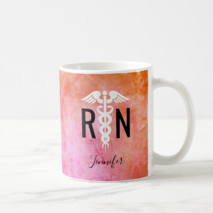 Taza De Café Enfermera moderna RN Caduceus color naranja nombre