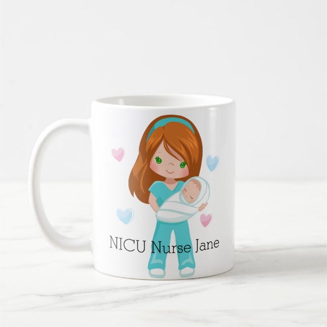Taza De Café Enfermera NICU de pelo rojo personalizado con bebé (Izquierda)
