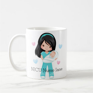 Taza De Café Enfermera personalizada del pelo negro NICU con el