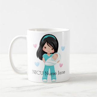 Taza De Café Enfermera personalizada del pelo negro NICU con el