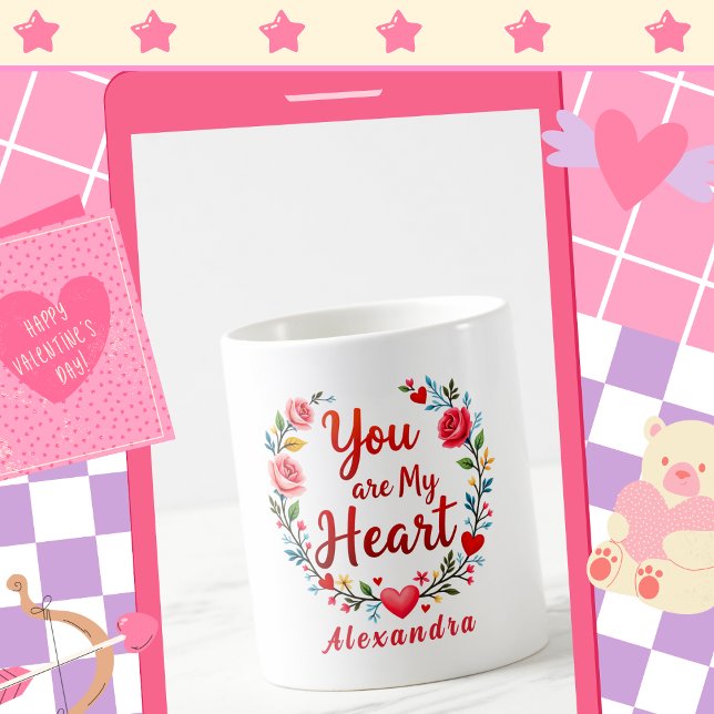 Taza De Café Eres mi corazón, flor romántica en blanco (Subido por el creador)