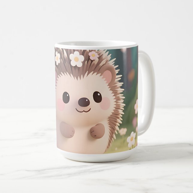 Taza De Café Erizo Adorable con Flores Bosque Kawaii (Anverso derecho)