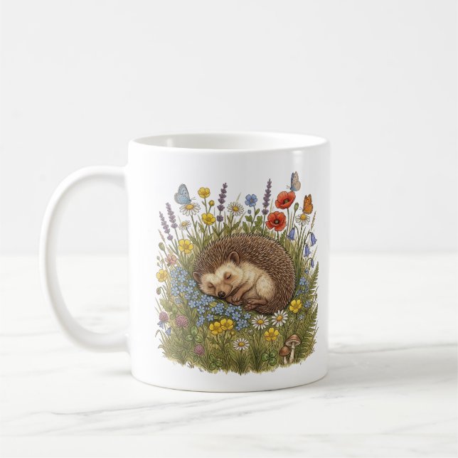 Taza De Café Erizo Durmiente en Pradera de Flores Silvestres Es (Izquierda)