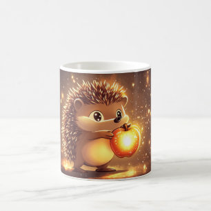 Taza De Café erizo lindo sosteniendo una manzana roja brillante