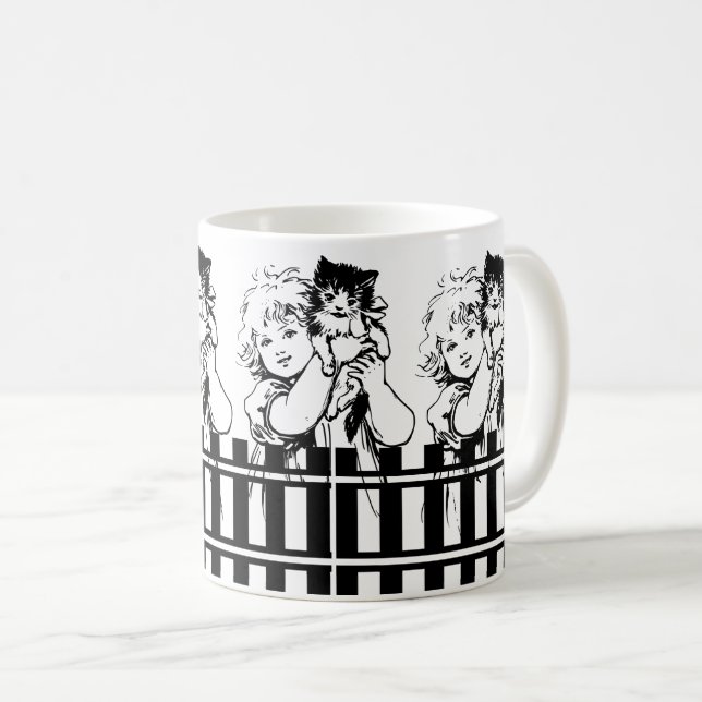 Taza De Café Esbozo de Chica con gato negro y blanco en el jard (Anverso derecho)