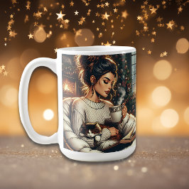 Taza De Café Escena acogedora | Mujer bebiendo cacao con gato