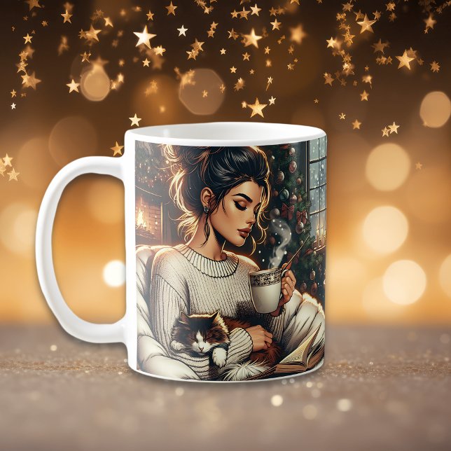 Taza De Café Escena acogedora | Mujer bebiendo cacao con gato (Subido por el creador)