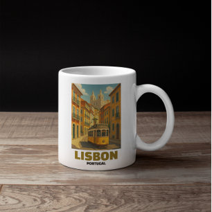Taza De Café Escena callejera retro del tranvía vintage Lisboa