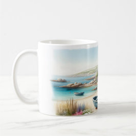 Taza De Café Escena costera de cottage en acuarela