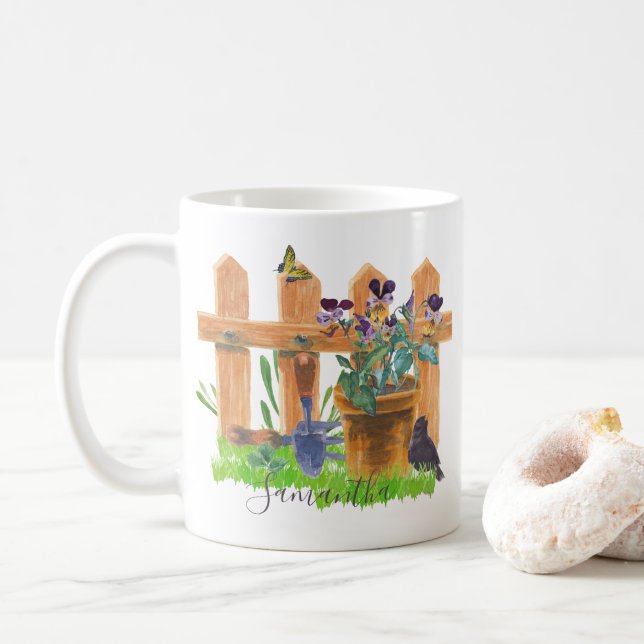 Taza De Café Escena de acuarela de jardín rural personalizada (Con donut)