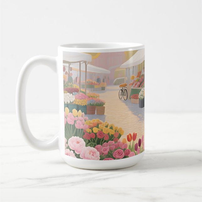 Taza De Café Escena de calle de flores soleadas (Izquierda)