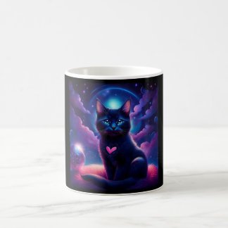Taza De Café Escena de fantasía gatito negro hermosos ojos azul