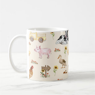 Taza De Café Escena de granja en acuarela con patrón continuo