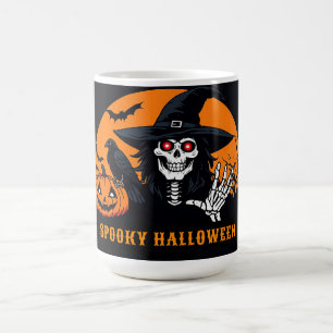 Taza De Café Escena de Halloween con esqueleto y Jack O Lantern