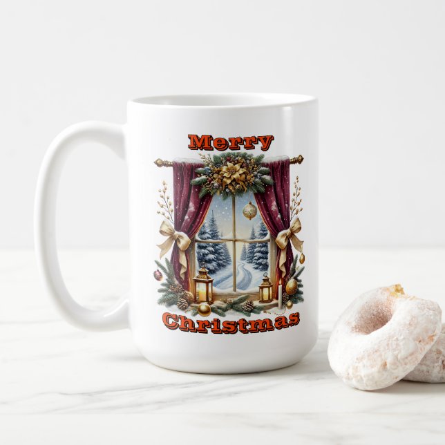 Taza De Café Escena de invierno brillante dorada (Con donut)