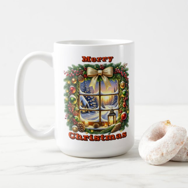Taza De Café Escena de la ventana Navidades acogedores (Con donut)