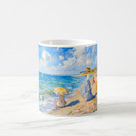 Taza De Café Escena de playa impresionista: gente junto al mar 