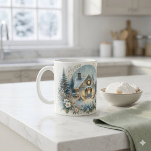 Taza De Café Escena de Resplandor de Cabaña Nevada