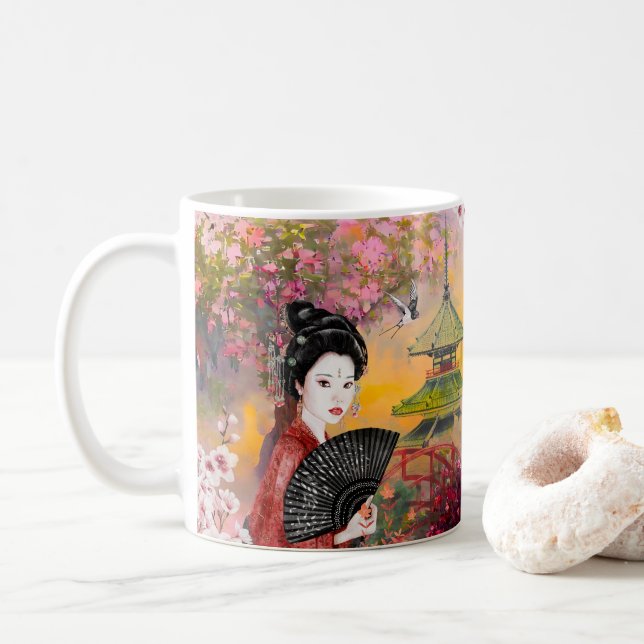 Taza De Café Escena japonesa con una mujer (Con donut)