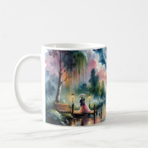 Taza De Café Escena nocturna romántica de acuarela bajo la luz