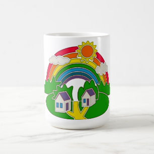 Taza De Café Escena rural personalizado con arcoiris y casa de 