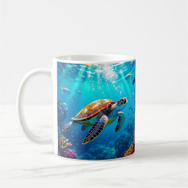 Taza De Café Escena submarina colorida de tortuga marina