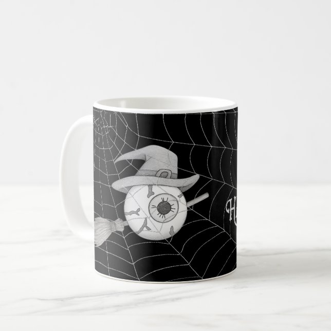 Taza De Café escoba de brujas de Halloween, ojo temible, telara (Anverso izquierdo)