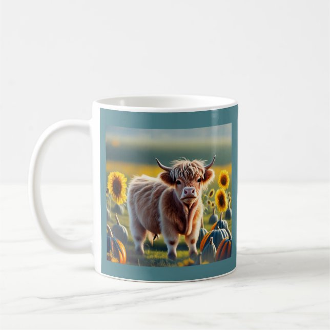 Taza De Café Escocia Highland Baby Cow Sunflower and Pumpkins (Izquierda)