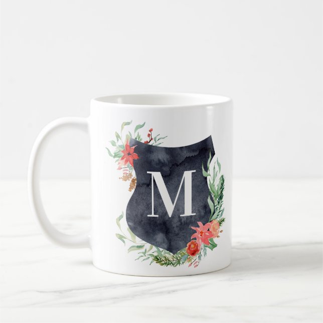 Taza De Café escudo de carbón vegetal invierno monograma floral (Izquierda)