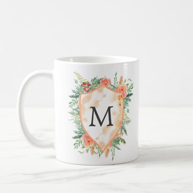 Taza De Café escudo pastel invierno floral monograma mug (Izquierda)