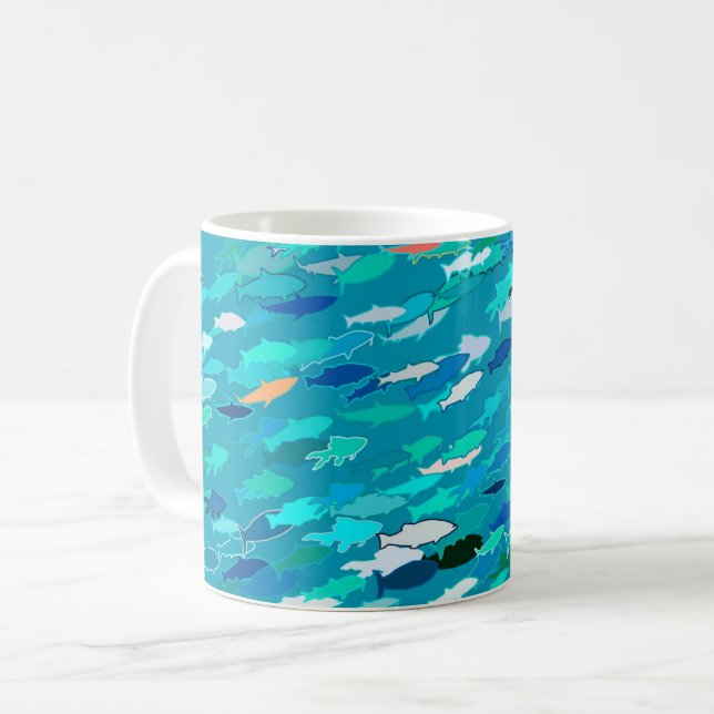 Taza De Café Escuela de Pescado, Turquesa, Azul y Aqua (Anverso izquierdo)