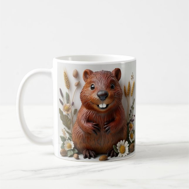 Taza De Café Escultura 3D De Un Alegre Castor Con Flores (Izquierda)