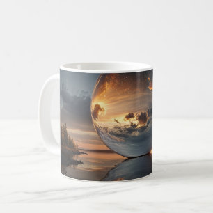 Taza De Café Esfera reflectante surrealista con nubes de puesta