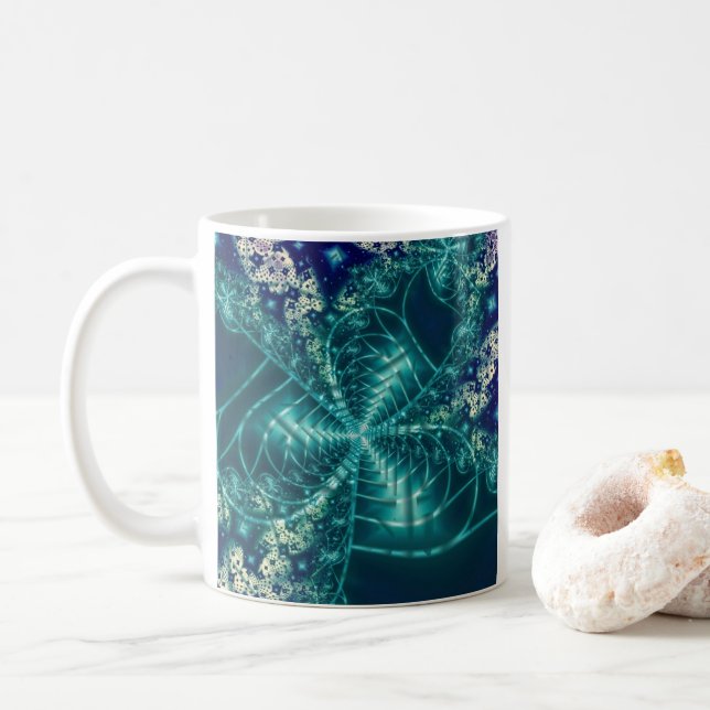 Taza De Café Espacio | Arte fractal azul y blanco (Con donut)
