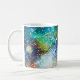 Taza De Café Espacio futurista, fondo nebuloso estrellado.