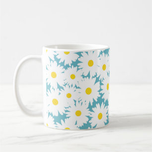 Taza De Café Espacio negativo Daisies amarillo blanco sobre azu