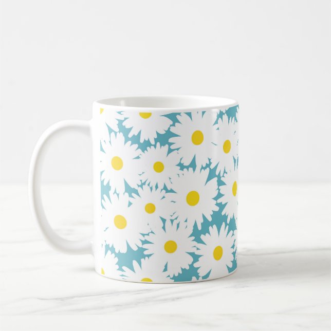 Taza De Café Espacio negativo Daisies amarillo blanco sobre azu (Izquierda)