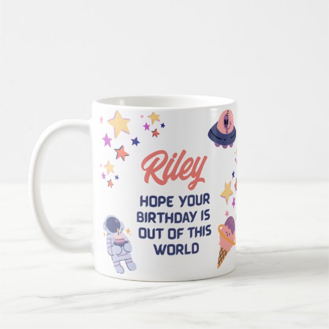 Taza De Café Espacio retro Tema Personalizable Cumpleaños (Izquierda)