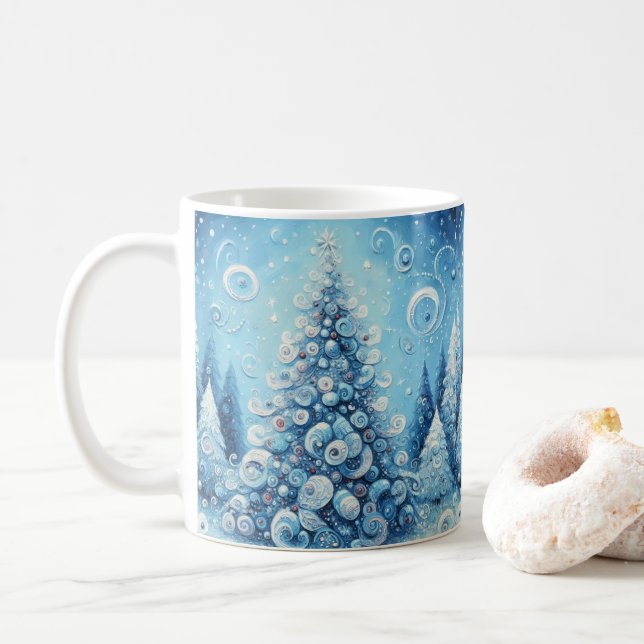 Taza De Café Espectacular árbol de navidad impresionista azul (Con donut)