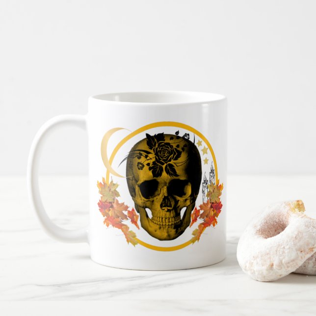 Taza De Café Espectacular cráneo dorado de Halloween con Rosa n (Con donut)
