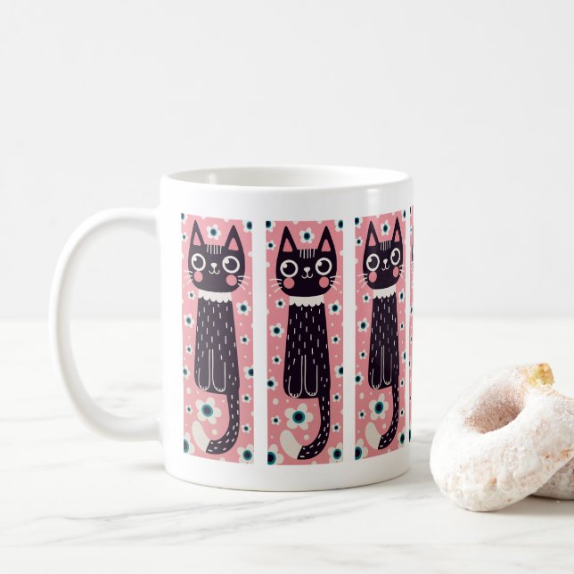 Taza De Café Espectacular dibujo de gato negro de Doodle (Con donut)