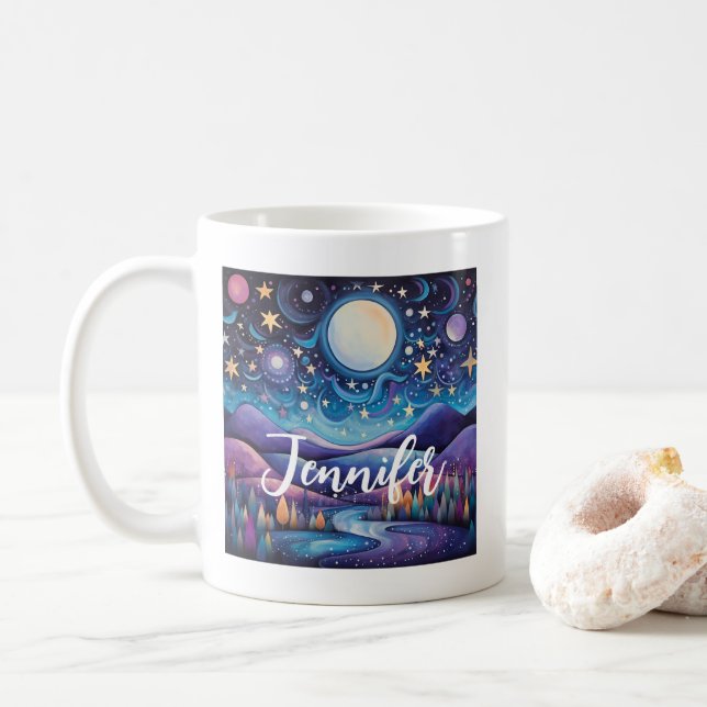 Taza De Café Espectacular paisaje nocturno de la luna grande (Con donut)