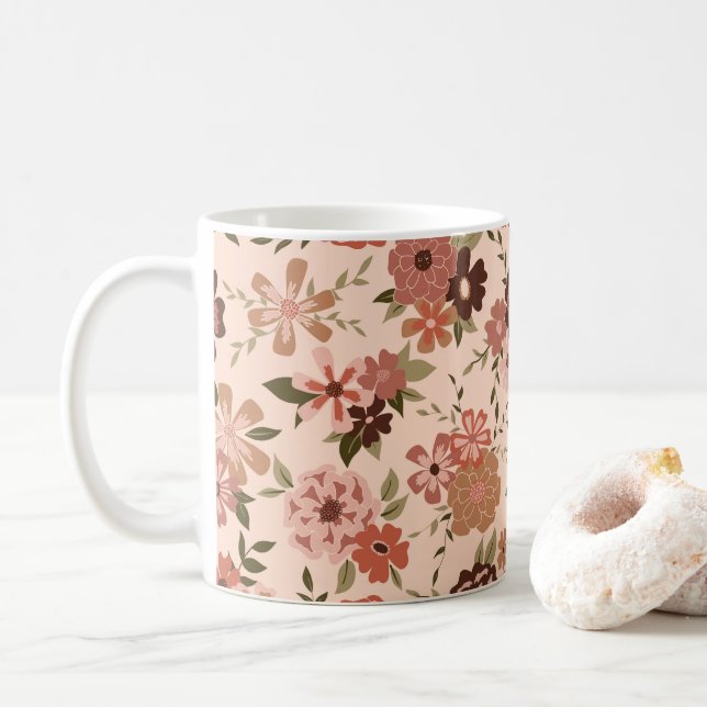 Taza De Café Espectacular patrón floral marrón (Con donut)