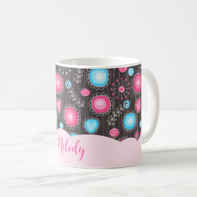 Taza De Café Espectaculares corazones azules rosados y flores n (Anverso derecho)